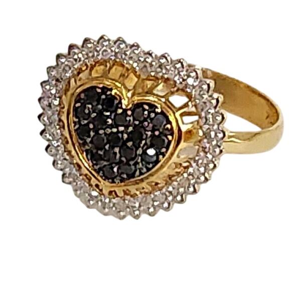 18k Yellow Gold Black &White Diamonds Heart Ring Size 7.25 - Picture 1 of 12